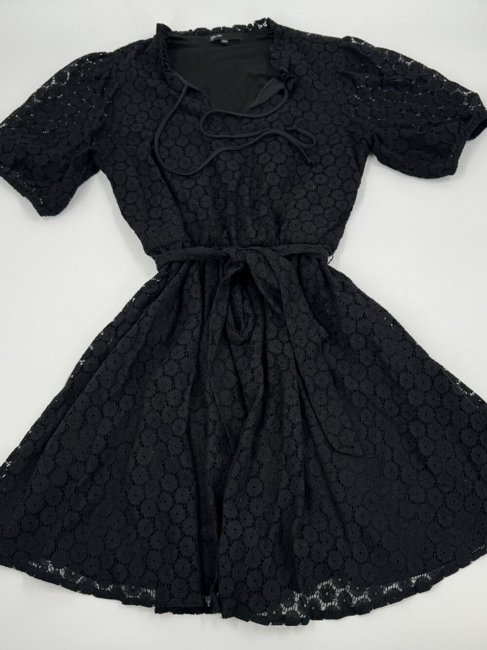 Gibson Lace Mini Dress Womens XXS Black Ruffle V-Neck Puff Sleeve Tie Waist